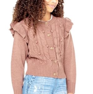 Celebrity Pink brown cardigan with ruffle sleeves and pom poms